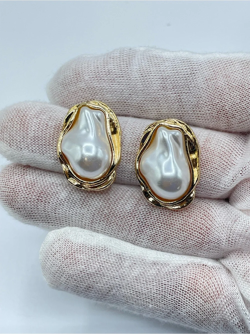Gold Faux Baroque Pearl Stud Earrings Coastal Chic Statement Bold